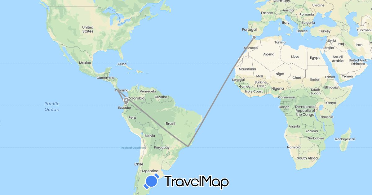TravelMap itinerary: driving, plane in Brazil, Costa Rica, Ecuador, Gibraltar (Europe, North America, South America)